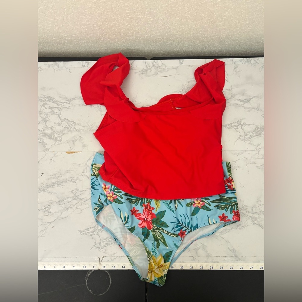 Shein Bikini Set Womens XL Orange Red Tropical Floral Top & Bottom Swimwear​